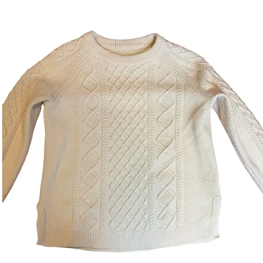 J. Crew Women's Ivory Cream Fisherman Sweater MEDIUM Cotton Cable Knit Crew Neck